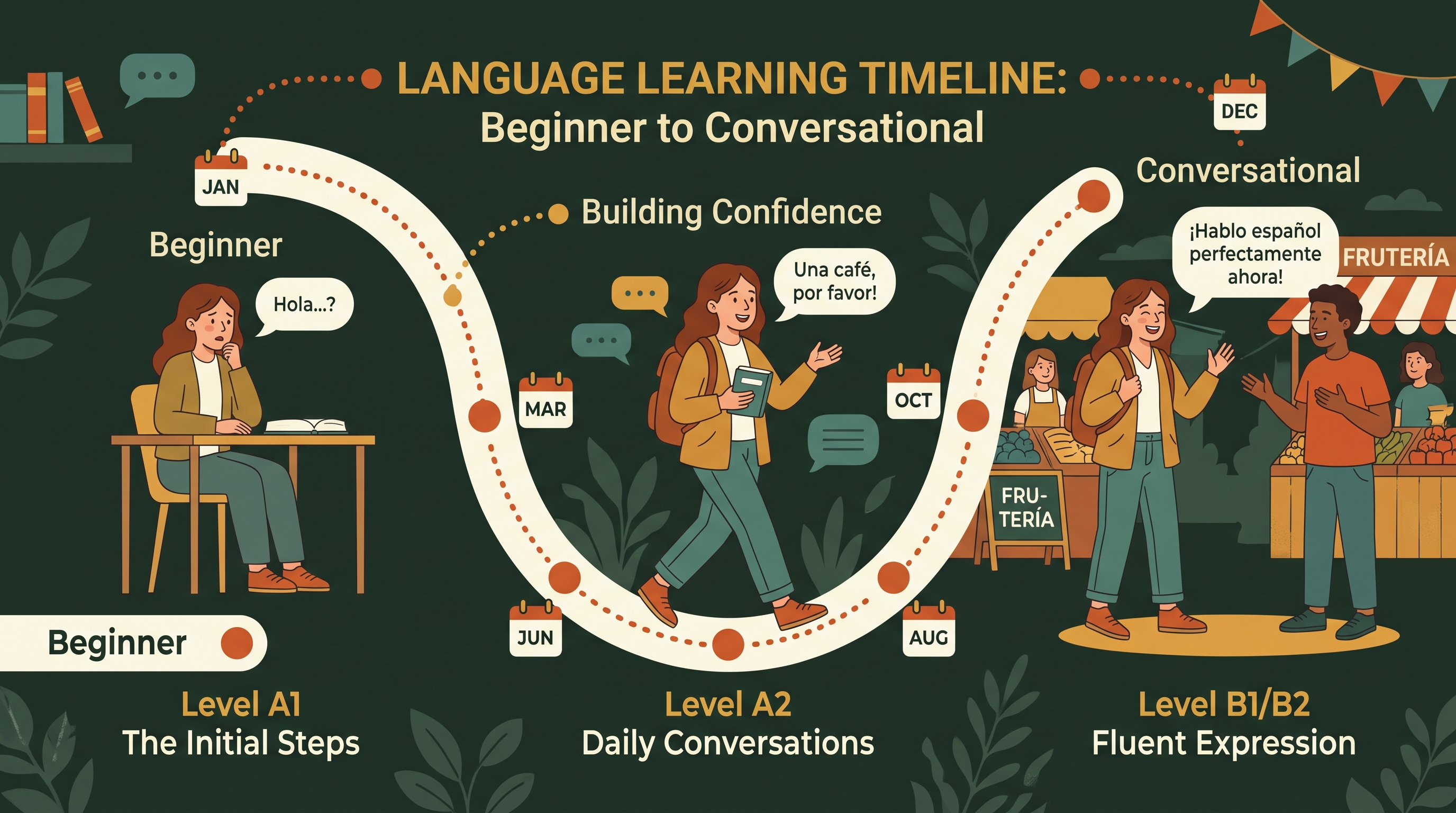 Progress timeline from beginner to conversational Arabic with milestone markers